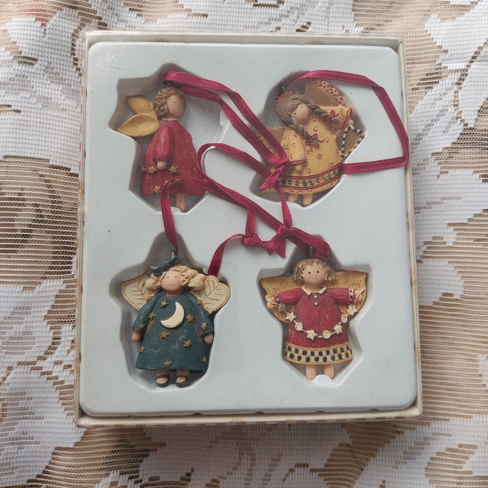 Debbie Mumm Holiday Collection Angel Ornaments Set of 4 Folk Art Christmas Resin